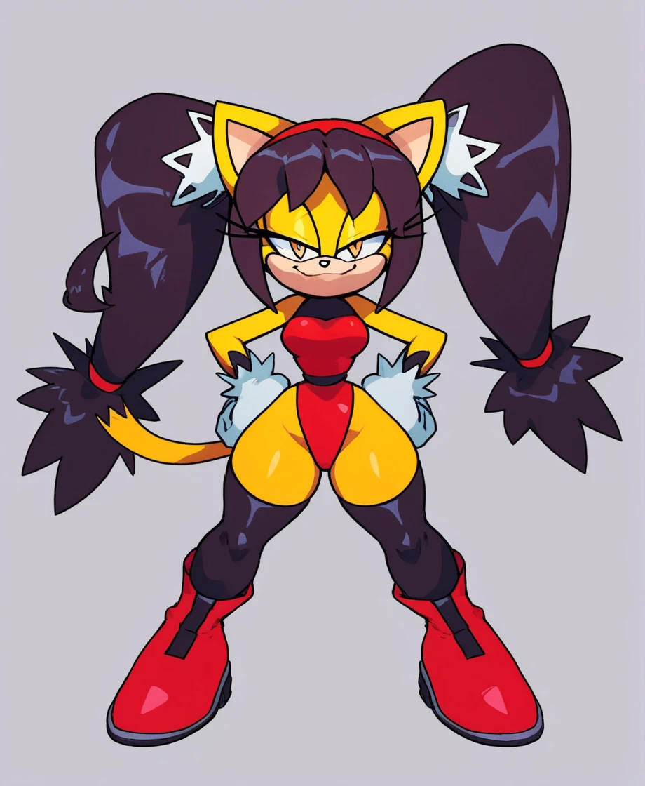 score_9, score_8_up, 2D, flat color, a plain white background with nothing in it, looking at viewer, 1girl, very detailed, extremely detailed, honey the cat from the sonic the hedgehog series, standing, full body, medium breasts, hips, thighs, narrow waist, curvy, frilly hair ties, half-closed eyes, smug smile, red leotard (latex leotard), (black stockings), (red boots), hands on hips