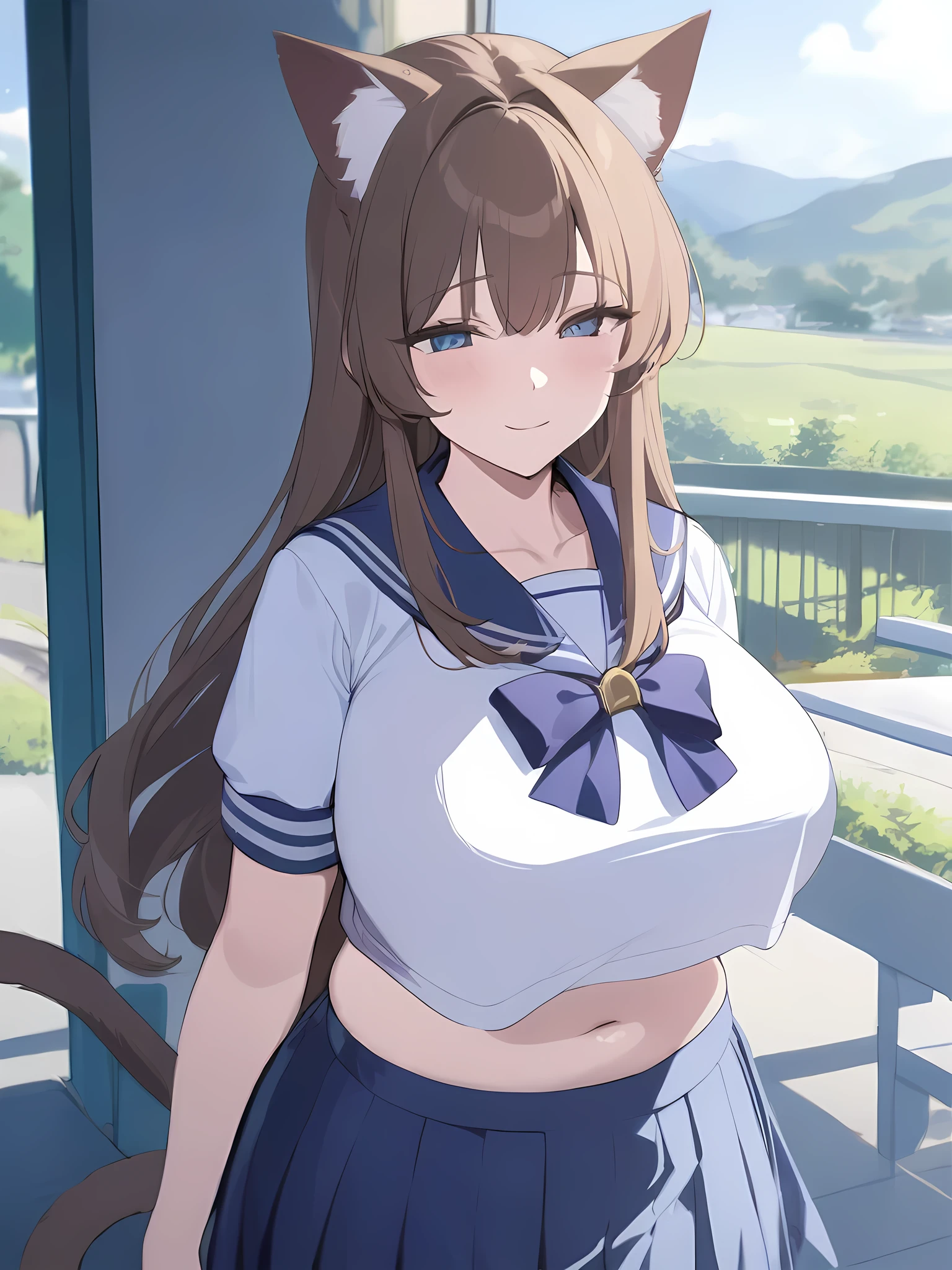 masterpiece, best quality, high quality, beautiful anime character, solo, anime girl with brown hair, soft hair, long hair, blue eyes, cat ears, huge breasts, mature female, tall female, big girl, thick, (calming face, light smile, loving eyes), outdoors, (sailor uniform, pleated skirt, ribbon), short sleeves, cat tail, navel, legs,