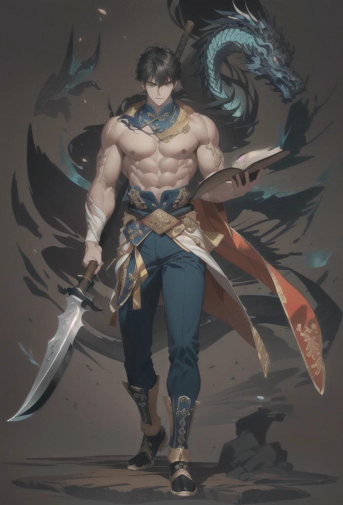 (Extremely complex and exquisite details,masterpiece,Highest quality,Full body picture of a strong, masculine and handsome man with short black hair,Strong handsome masculine style,Holding a stick with a machete in his right hand,Holding book in left hand,Muscle skin tone exposed),correct anatomy,Very strong muscles,Exquisite Chinese dragon high contrast background,Broadsword