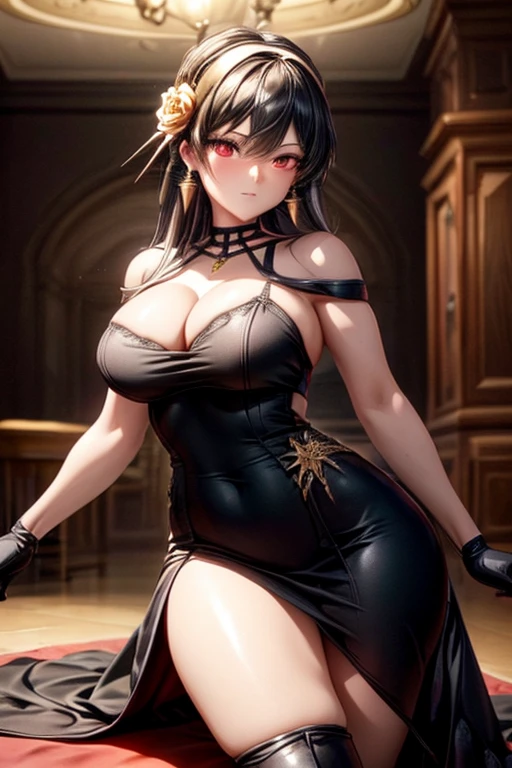 Best Quality, high resolution, unity wallpaper 8k, (illustration:0.8), (Beautiful detailed eyes:1.6), Extra detailed face, perfect lighting, oftalles extremadamente CG, (perfect hands, perfect anatomy),Masterpiece,high resolution,perfect anatomy,cinematic lighting,anime key visual,Beautiful detailed eyes,Best Quality,unity wallpaper 8k,super detailed skin,White skin,yor forger, dress, tenure, black dress, black fur, weapon, high heels, Thighs, Red eyes, two-sided fabric, high heel Boots, Boots, hair band, tenure weapon, gloves, double grip, old, hair ornament, flower, two-sided dress, of, fingerless gloves, black gloves, Side locks, knife, thigh Boots, looking at the viewer, hair flower, black shoes, rosa, bare shoulders, black Thighs, tenure of,broad, gold hair band, Pink print, tenure knife, earrings, sleeveless, short hair with long locks, jewelry, Closed mouth, Hits, sleeveless dress,cowboy shot,on knees