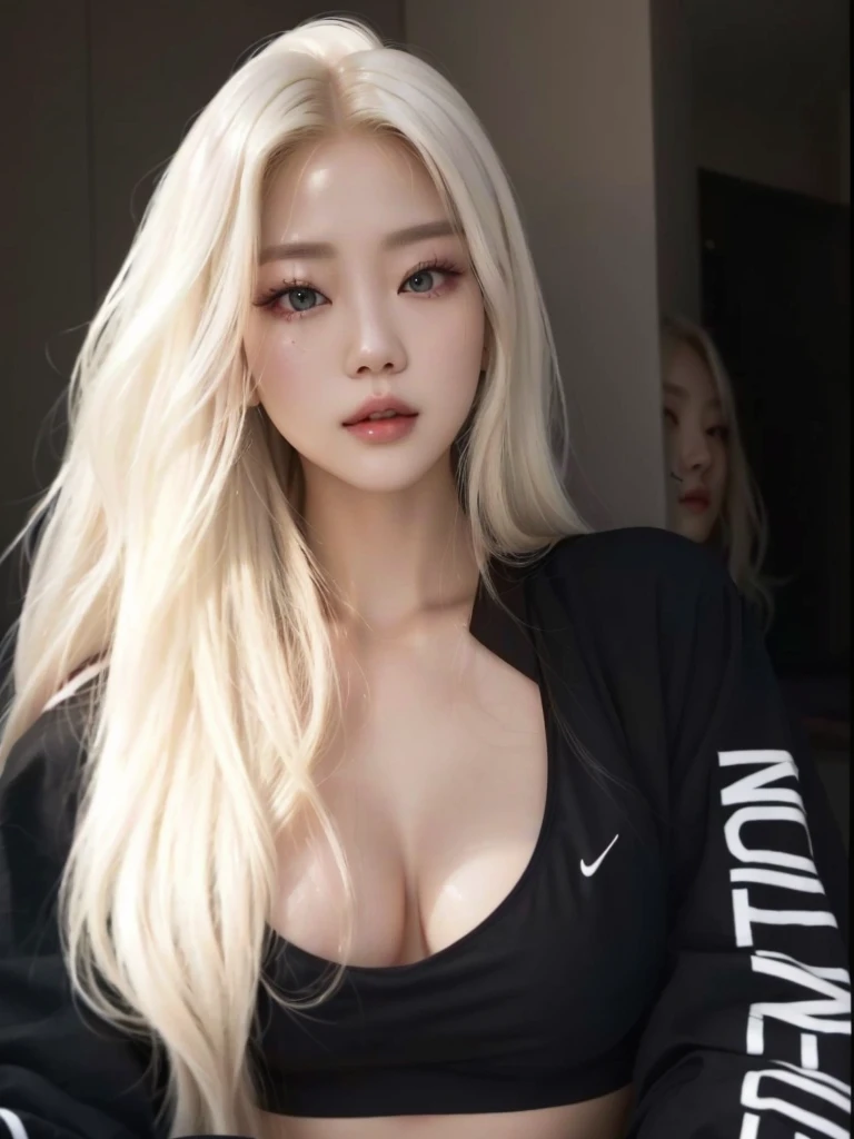 a close up of a woman with long blonde hair wearing a black top, korean girl, beautiful south korean woman, with white long hair, her hair is white, with long white hair, gorgeous young korean woman, korean woman, roseanne park of blackpink, perfect white haired girl, heonhwa choe, girl with white hair, beautiful young korean woman, korean idol