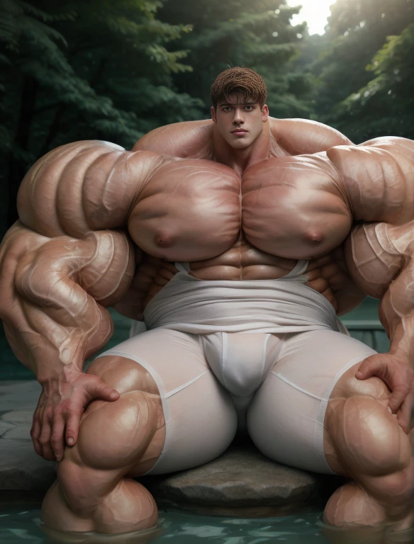 1boy, giant, alone, giant bodybuilder, wet, illuminating light, strong body, bulk, large size, stand, at outdoor gazebo, nude, white triangular underwear, massive bulge, extraordinary big, brutalmass, giant muscular body, bulk, buff, massive body, large meaty body size, extremely wide body,