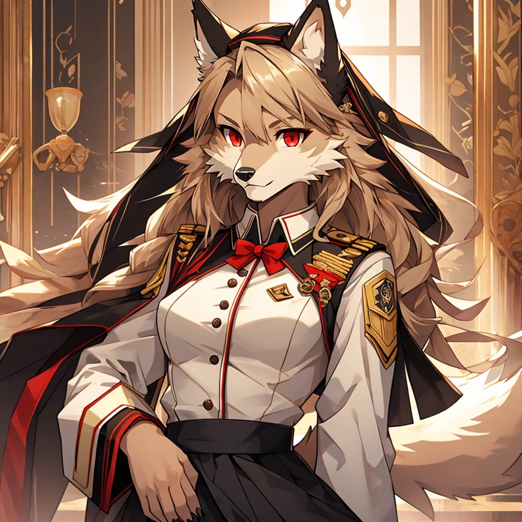 , solo, 1girl, Furry , furry wolf, anthropomorphic, female, red eyes, (beige fur, beige skin), elegant uniform,