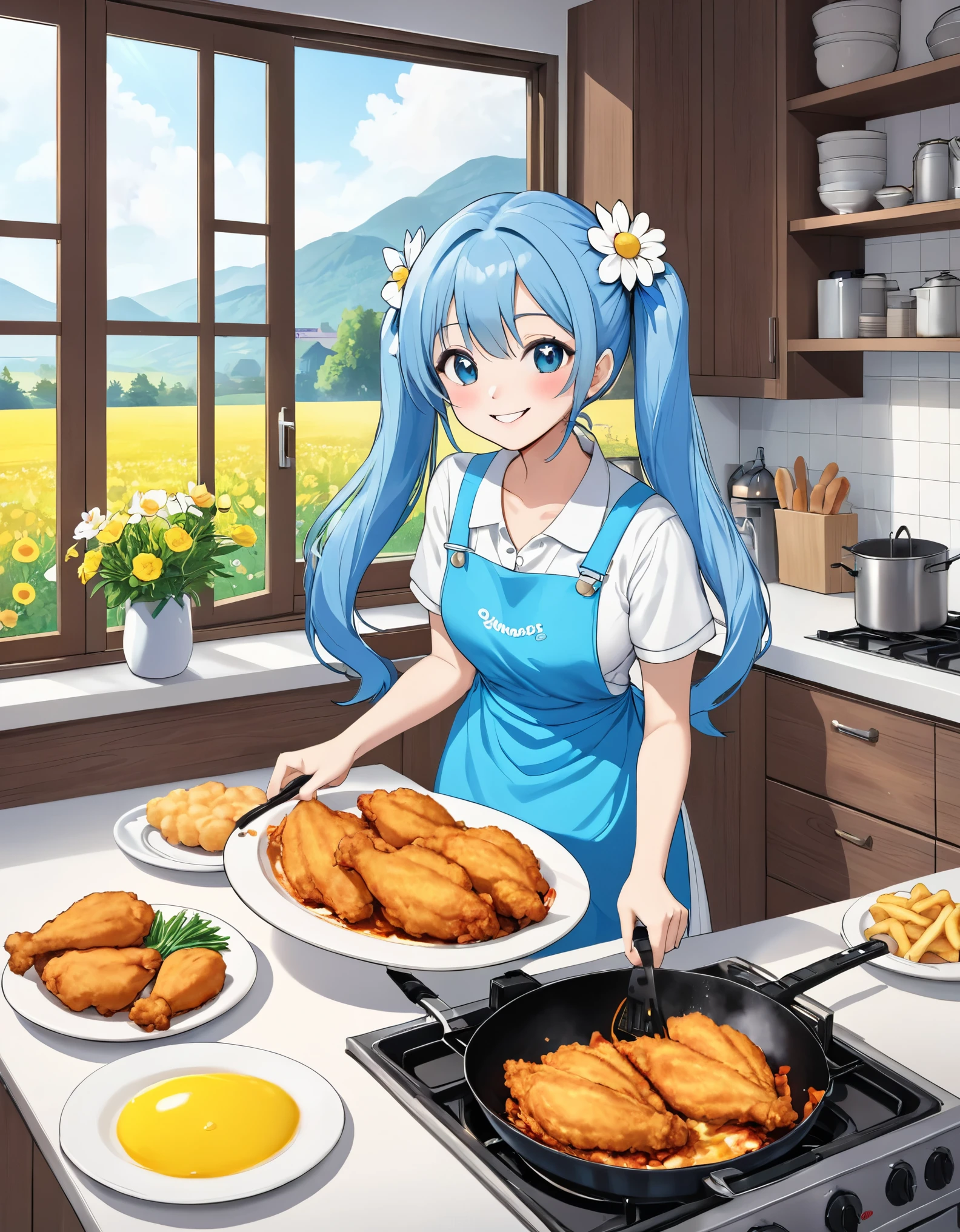 Light blue long hair、Beautiful girl with twin tails、Bright kitchen、Outside the window you can see a flower field、It looks like fun. They are frying fried chicken in a fryer.、Bright smile、