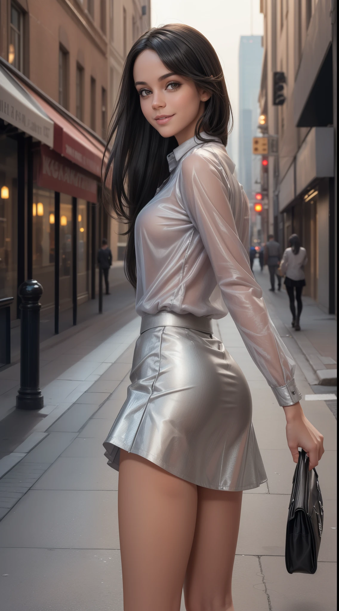 sfw, best quality, ultra high resolution, ultra detailed face and eyes, detailed body, detailed clothing, kodak portra 400, (photorealistic:1. 4), a beautiful lady in the city, detailed background, (city street:1 2), (super reflective silver shirt: 1. 4), (super reflective silver skirt: 1. 5), silver skirt, (black hair: 1. 4), looking back, smiling, blushing, narrow waist, brown eyes clear.