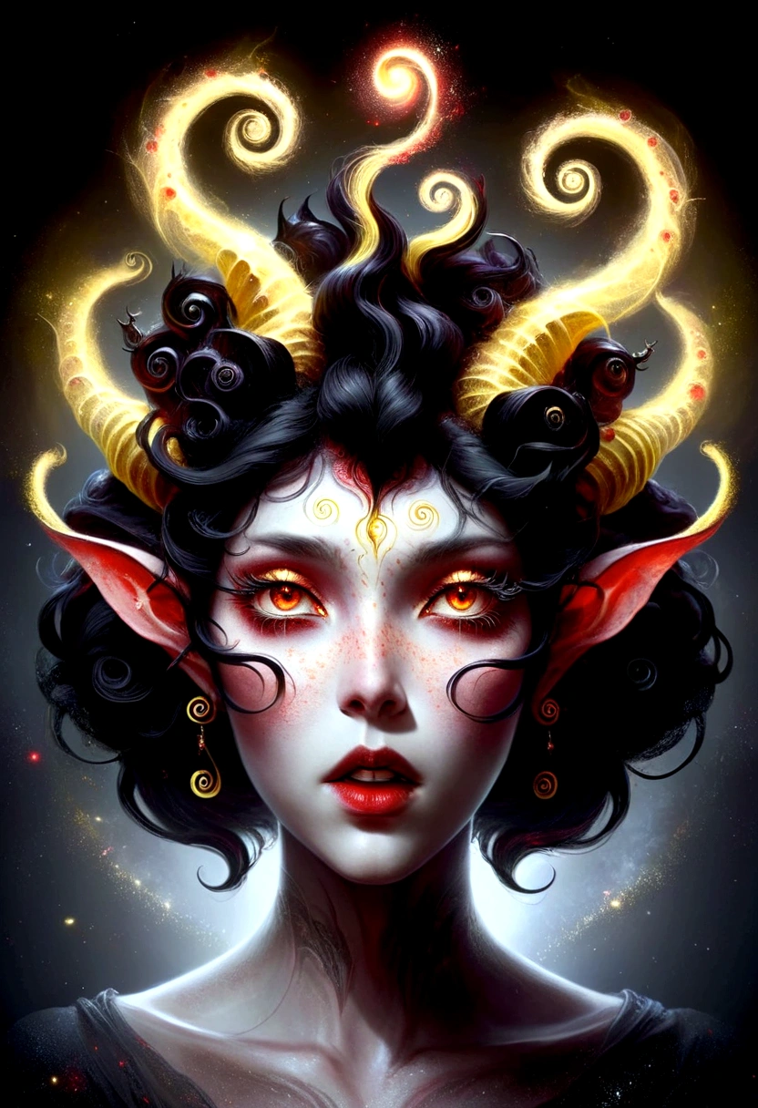 Female Tiefling with long black hair and spiral horns. She has black eyes, red skin with yellow freckles.