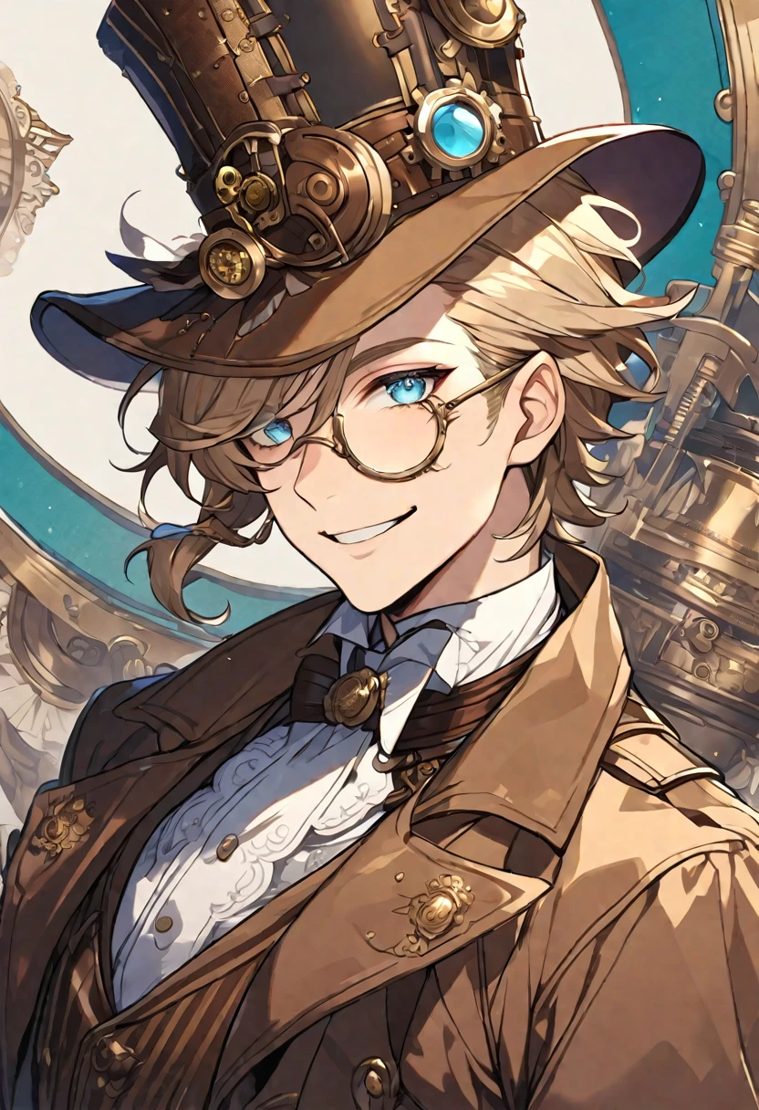 Solo, handsome, 1 male, 20s, light brown hair, light blue eyes, Victorian period, steam punk, white shirt, brown coat, monocle, smile facial, top hat