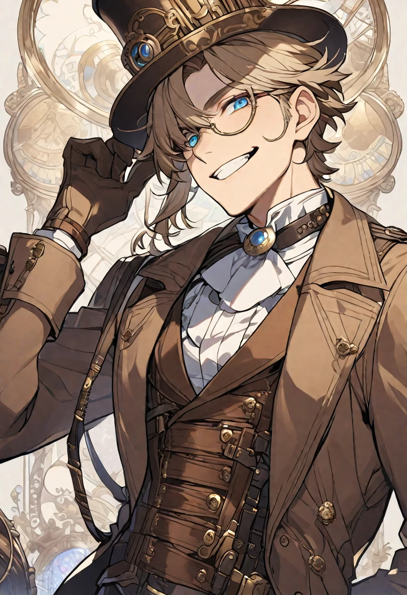 Solo, handsome, 1 male, 20s, light brown hair, light blue eyes, Victorian period, steam punk, white shirt, brown coat, monocle, smile facial, top hat