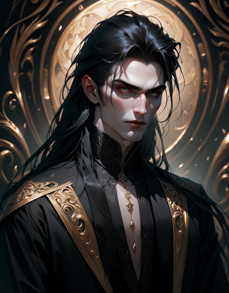 {anatomy}(Masterpiece - Ultra-detailed, very high resolution) Prepare to be enchanted by a true masterpiece that combines ultra-detailed art with high-resolution rendering. This work portrays a vampire man with long black hair (1.3) and captivating golden eyes (1.2), emanating an aura of mystery in decadent settings. The intricate details and realistic textures invite you to explore every aspect of this enchanting composition. Vampire man wearing black. Serious expressions. Pale skin like a vampire.
