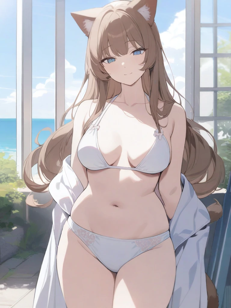 masterpiece, best quality, high quality, beautiful anime character, solo, anime girl with brown hair, soft hair, long hair, blue eyes, cat ears, medium big breasts, mature female, tall female, big girl, thick, (calming face, light smile, loving eyes), outdoors, (white bikini), cat tail, navel, legs,