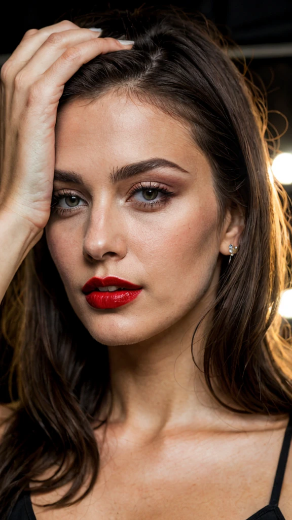 Photoshoot of a woman, Backstage at a show, long dark brown hair, black eyes, red lipstick, ultra realistic