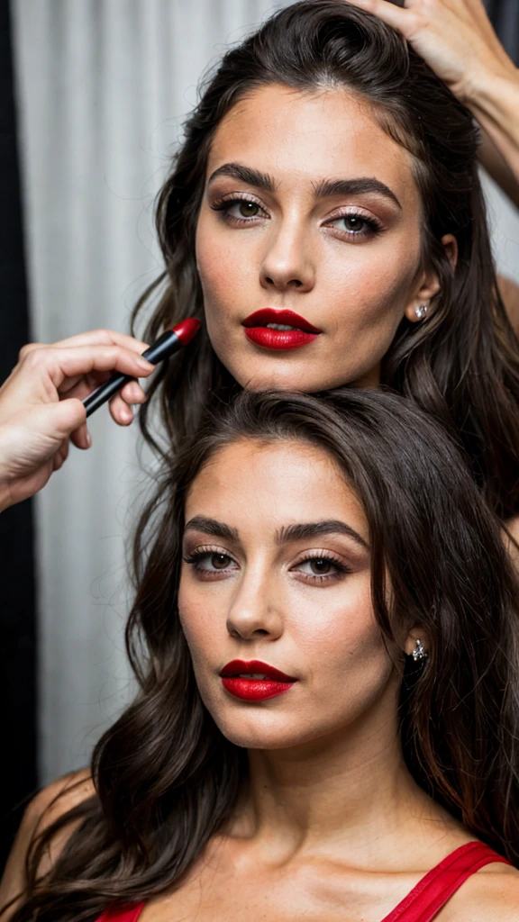 Photoshoot of a woman, Backstage at a show, long dark brown hair, black eyes, red lipstick, ultra realistic