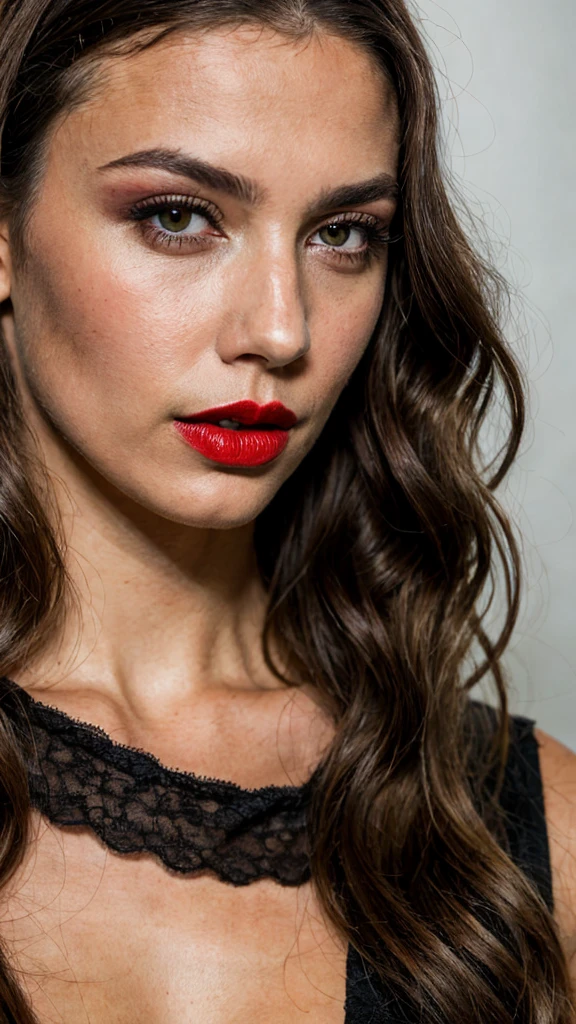Photoshoot of a woman, Backstage at a show, long dark brown hair, black eyes, red lipstick, ultra realistic