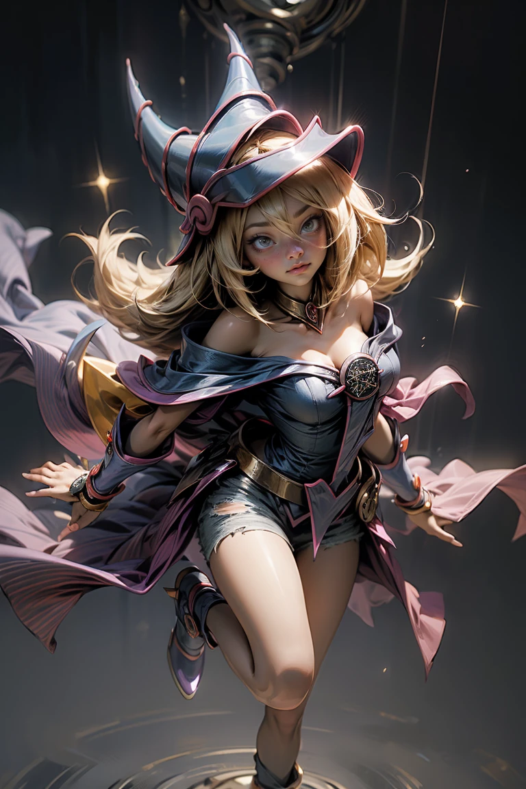 (Masterpiece:1.2), (The best quality:1.2), perfect lighting, Dark Magician Girl casting a spell, in battle. floating in the air, big and visible tits, wear jeans and heels. transparent neckline, blue robe, big hat, From above, sparkles, Yugioh game, The magic of the heart, romantic heart.