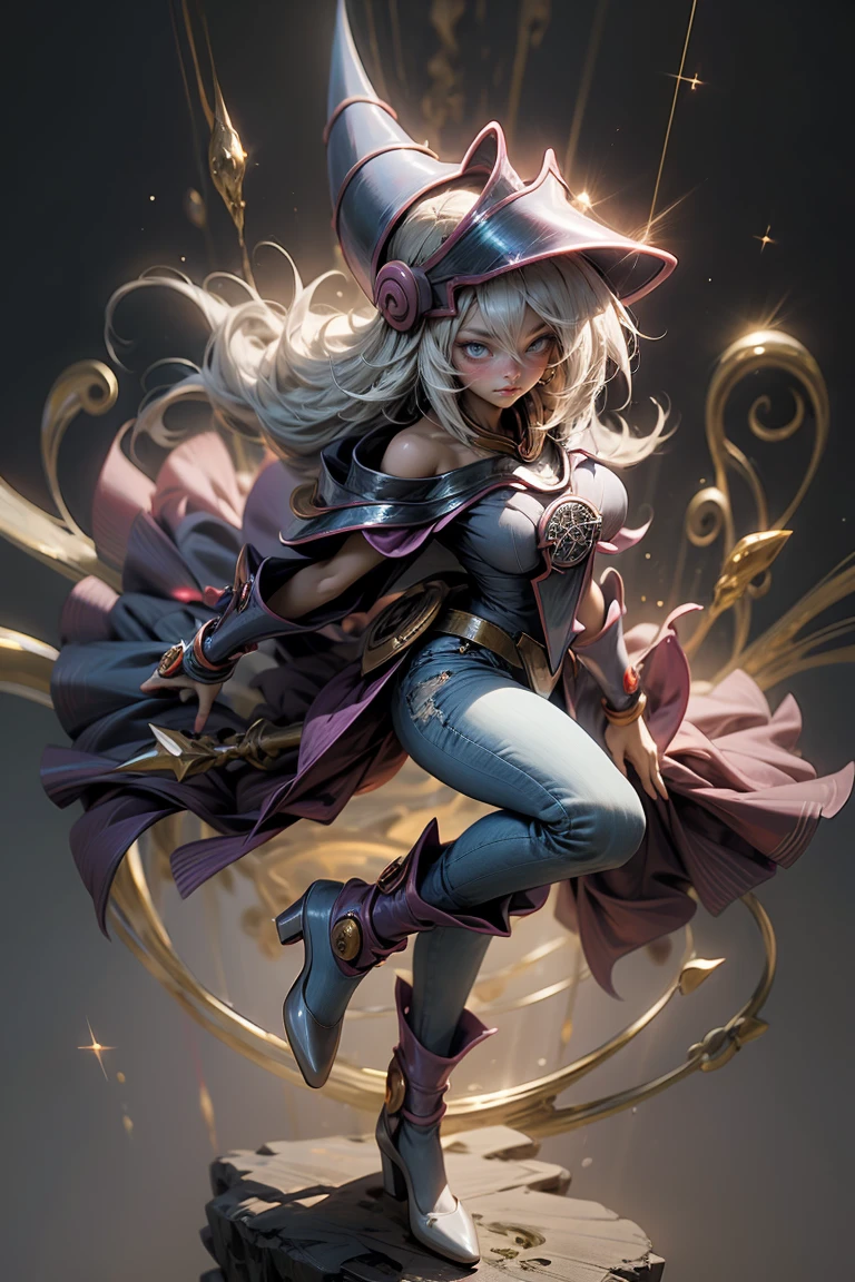 (Masterpiece:1.2), (The best quality:1.2), perfect lighting, Dark Magician Girl casting a spell, in battle. floating in the air, big and visible tits, wear jeans and heels. transparent neckline, blue robe, big hat, From above, sparkles, Yugioh game, The magic of the heart, romantic heart.