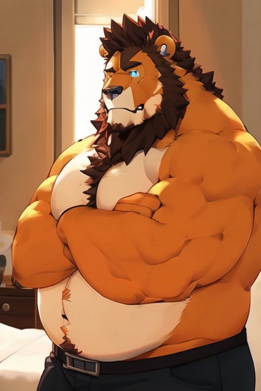 a closeup of a cartoon character with a lion on his chest, muscular werewolf, powerful and huge, well-built, pig bear man, fluffy chest, thick, hairy fluff on the neck and chest, hairy chest, Thick, muscular gigachad, exaggeratedly large physique, muscular character, supervisory winston, Making a majestic and hot pose, furry anime, SFW version