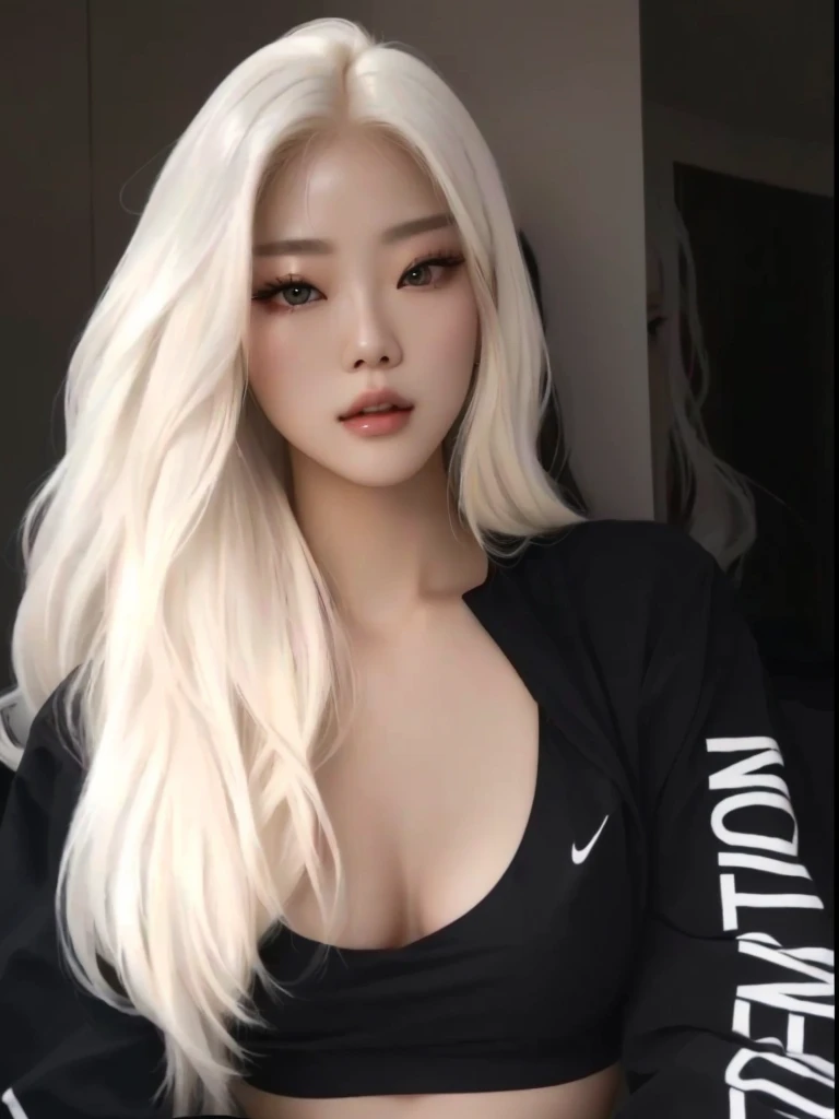 a close up of a woman with long blonde hair wearing a black top, korean girl, beautiful south korean woman, with white long hair, her hair is white, with long white hair, gorgeous young korean woman, korean woman, roseanne park of blackpink, perfect white haired girl, heonhwa choe, girl with white hair, beautiful young korean woman, korean idol