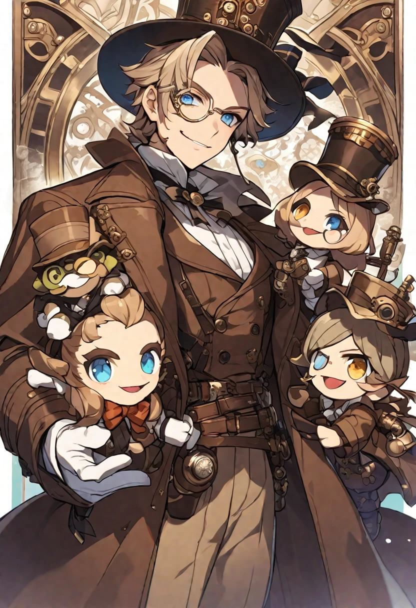 Solo, 1 male, light brown hair, light blue eyes, Victorian period, steam punk, white shirt, brown coat, monocle, smile facial, puppet master, top hat