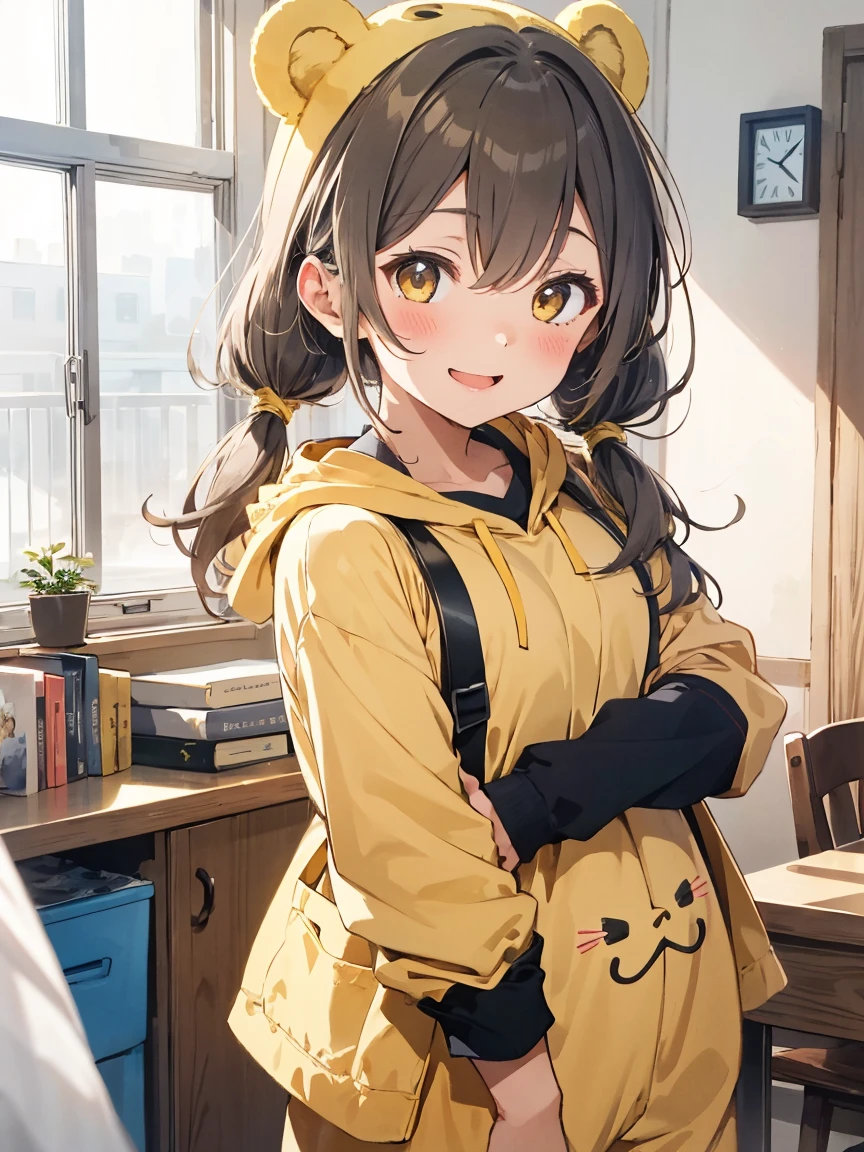 //
[(White Background:1.5)::5],
//
(alone:1.2),1 Girl,a bit,smile,Open your mouth,close your eyes,Gray Hair,Low Twintails, Bear ears, whole body, Are standing,(Yellow animal costume:1.2), Wearing a hood, at home,growing up,Bookhelves, Cat, Book, cup, clock,