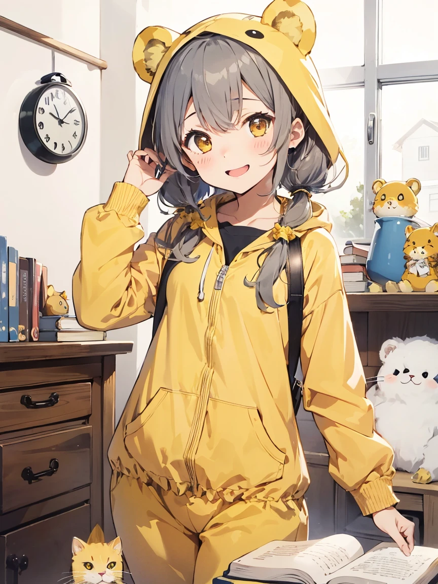 //
[(White Background:1.5)::5],
//
(alone:1.2),1 Girl,a bit,smile,Open your mouth,close your eyes,Gray Hair,Low Twintails, Bear ears, whole body, Are standing,(Yellow animal costume:1.2), Wearing a hood, at home,growing up,Bookhelves, Cat, Book, cup, clock,