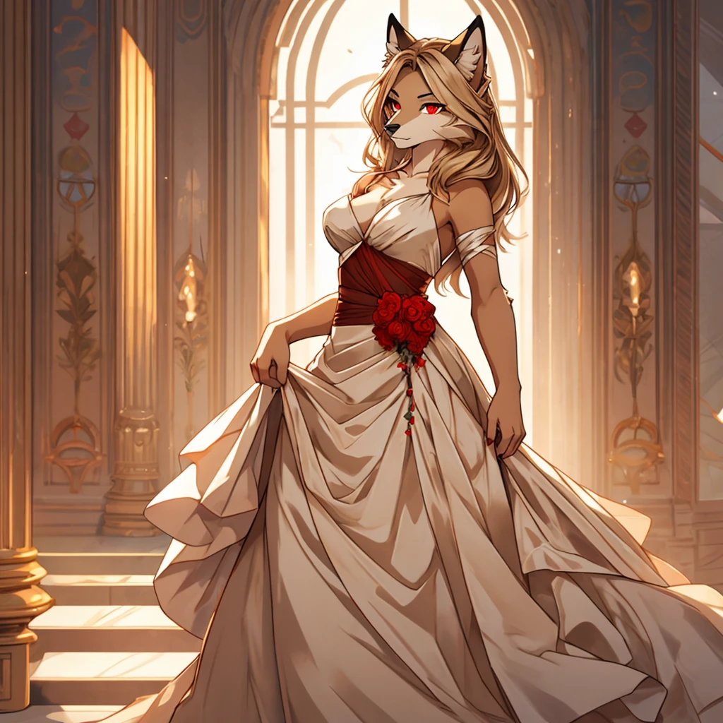 , solo, 1girl, Furry , furry wolf, anthropomorphic, female, red eyes, (beige fur, beige skin), elegant dress, gala ,
