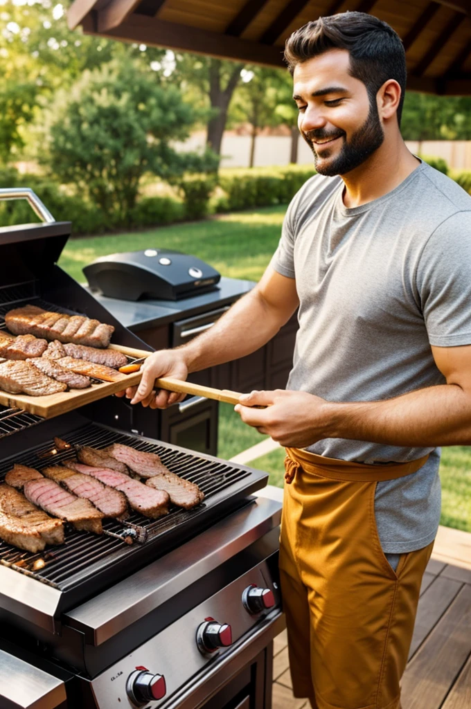 The man is grilling meat, the man smells the aroma of grilled meat with a satisfied face