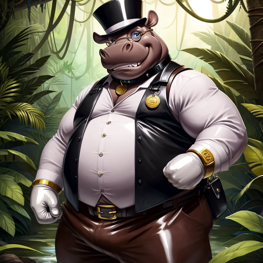 Solo, Male, fat, extremely obese, gentleman, dapper Professor Hippopotamus, blue eyes, (posing:1.3), (soft shading), 4k, hi res, ((detailed face, detailed)), looking at viewer, evil grin, jungle, forest, collared shirt with buttons, top hat, male focus, Explorer Outfit, glasses, monocle, bag, vest with buttons, backpack, sleeves rolled up, round eyewear, brown headwear, brown vest, Hippopotamus is wearing a glossy leather dog collar around the neck, Hippopotamus is wearing the leather collar and shirt and vest at the same time, Hippopotamus is wearing glossy white rubber gloves on the hands, wearing white rubber gloves on the feet, Hippopotamus is wearing glossy white cuffs around the wrists, gold cufflinks gloves are rubber in texture, clenching teeth, clenching fists, leather collar is glossy and shiny with a lot of detail, Hippopotamus is wearing gloves and cuffs and cufflinks at the same time, leather collar has a round dog-tag, leather collar is thick and detailed.