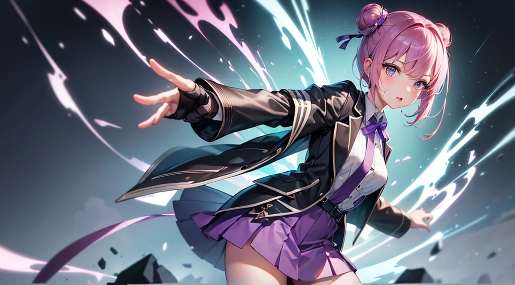 Top Quality, 8K, 4K, High Definition, Detail, (better-quality, 8K, 12), top-quality, 1 girl、purple short bob hair clip tied into a bun、black eyes、small breasts、uniform、gray jacket with pink line、blue skirt、 fingerless gloves、thighs、Ilcha fousing on her, surprise face, having her handon her face, making cute expressing face. picture pose, she is standing up, she has a loil pop in her mouth, she up close only showing her wraist and up.