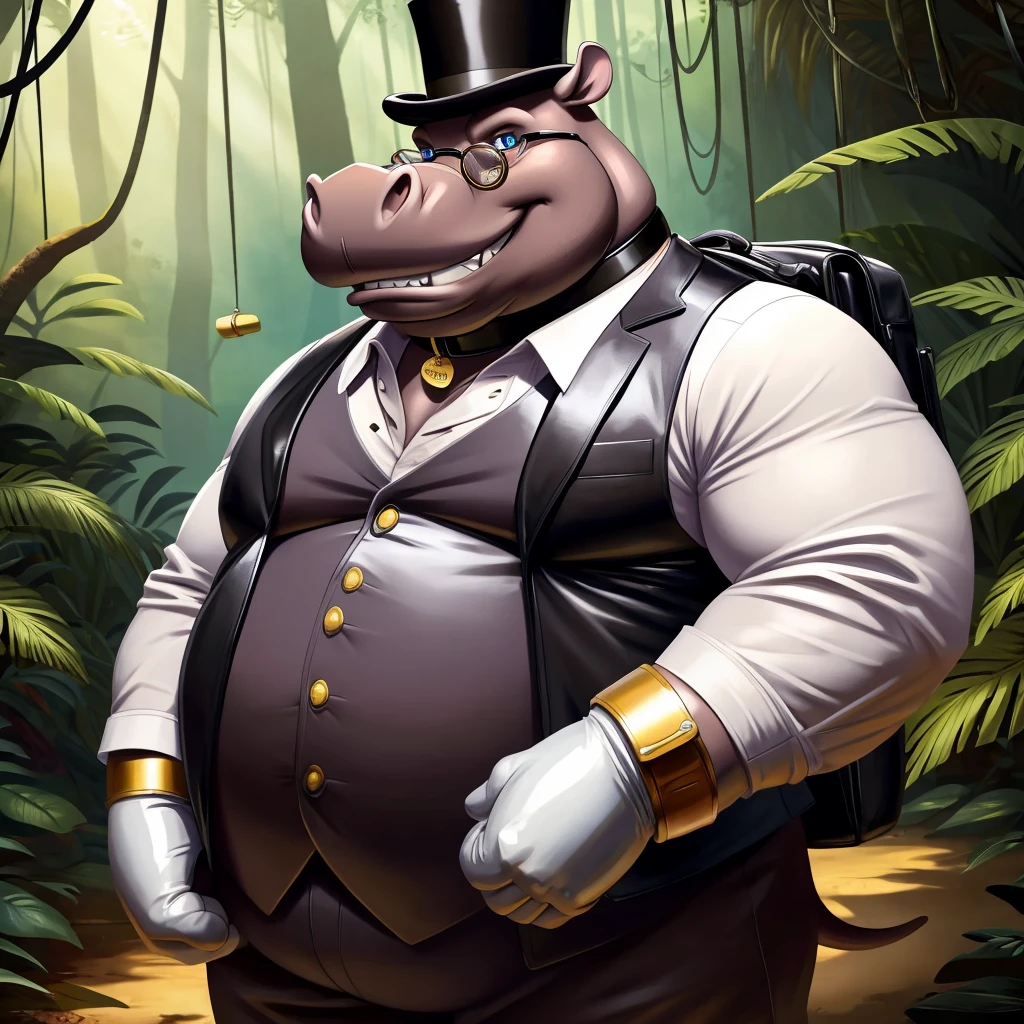 Solo, Male, fat, extremely obese, gentleman, dapper Professor Hippopotamus, blue eyes, (posing:1.3), (soft shading), 4k, hi res, ((detailed face, detailed)), looking at viewer, evil grin, jungle, forest, collared shirt with buttons, top hat, male focus, Explorer Outfit, glasses, monocle, bag, vest with buttons, backpack, sleeves rolled up, round eyewear, brown headwear, brown vest, Hippopotamus is wearing a glossy leather dog collar around the neck, Hippopotamus is wearing the leather collar and shirt and vest at the same time, Hippopotamus is wearing glossy white rubber gloves on the hands, wearing white rubber gloves on the feet, Hippopotamus is wearing glossy white cuffs around the wrists, gold cufflinks gloves are rubber in texture, clenching teeth, clenching fists, leather collar is glossy and shiny with a lot of detail, Hippopotamus is wearing gloves and cuffs and cufflinks at the same time, leather collar has a round dog-tag, leather collar is thick and detailed.