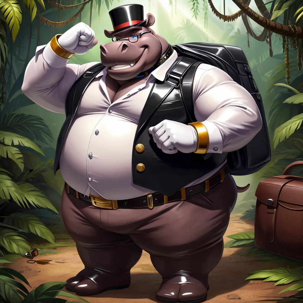 Solo, Male, fat, extremely obese, gentleman, dapper Professor Hippopotamus, blue eyes, (posing:1.3), (soft shading), 4k, hi res, ((detailed face, detailed)), looking at viewer, evil grin, jungle, forest, collared shirt with buttons, top hat, male focus, Explorer Outfit, glasses, monocle, bag, vest with buttons, backpack, sleeves rolled up, round eyewear, brown headwear, brown vest, Hippopotamus is wearing a glossy leather dog collar around the neck, Hippopotamus is wearing the leather collar and shirt and vest at the same time, Hippopotamus is wearing glossy white rubber gloves on the hands, wearing white rubber gloves on the feet, Hippopotamus is wearing glossy white cuffs around the wrists, gold cufflinks gloves are rubber in texture, clenching teeth, clenching fists, leather collar is glossy and shiny with a lot of detail, Hippopotamus is wearing gloves and cuffs and cufflinks at the same time, leather collar has a round dog-tag, leather collar is thick and detailed.
