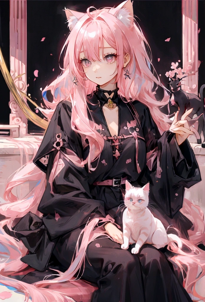 Cat with pink hair, point under right eye, long hair, black clothes