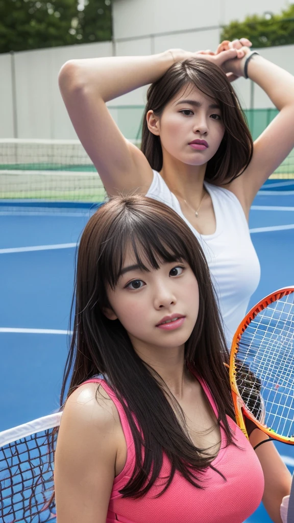(Highly Detailed CG Unity 8k Wallpaper), (Masterpiece), (Best Quality), (Super Detailed), (Best Illustration), (Best Shadows), Ultra High Resolution, (Realistic, Photorealistic:1.2), Single Woman, (Kyoko Otonashi:1.4), (Long Hair with Bangs Falling Over Her Forehead:1.4), (Bending Over in a Tennis Match:1.4), (Large Breasts:1.4), ((White Tennis Wear:1.2)), (Sun Visor:1.2)), (Holding a Racket:1.2), ((Tennis Court:1.4)), Puffy Eyes, Close Up, (Upper Body:1.4)