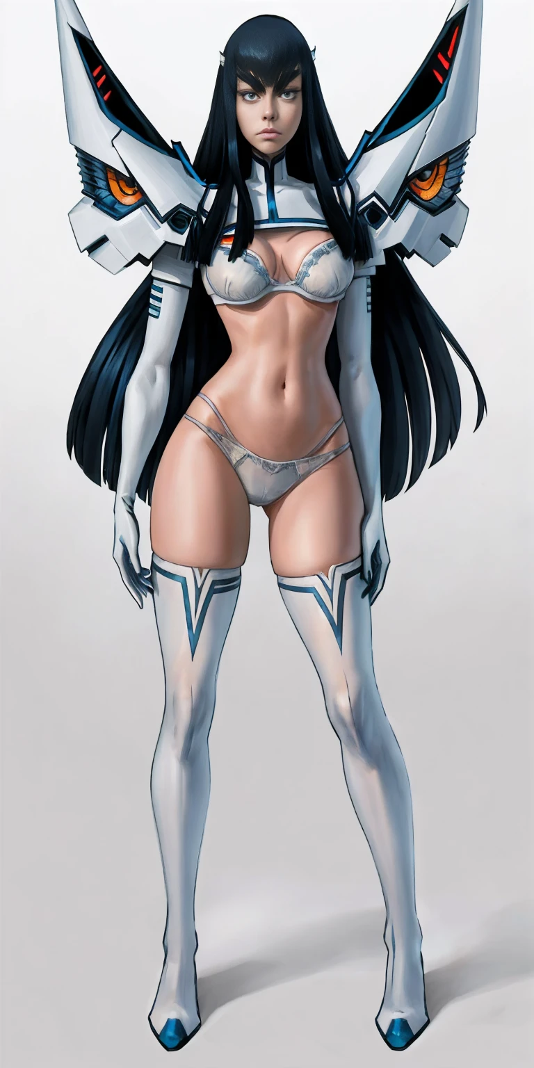 female Satsuki Kiryuin, Satsuki Kiryuin from Kill-la-Kill, WHITE stockings WHITE GLOVES WHITE PANTIES WHITE BRA, full height, bottom view, best quality, very detailed, ultra 8k resolution,portrait, full body (plain background)