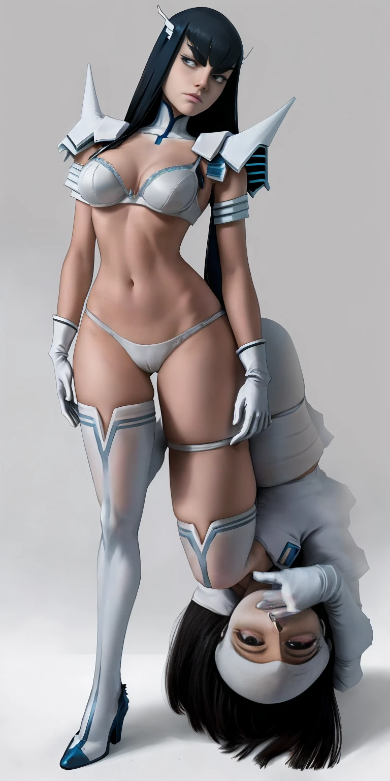 female Satsuki Kiryuin, Satsuki Kiryuin from Kill-la-Kill, WHITE stockings WHITE GLOVES WHITE PANTIES WHITE BRA, full height, bottom view, best quality, very detailed, ultra 8k resolution,portrait, full body (plain background)