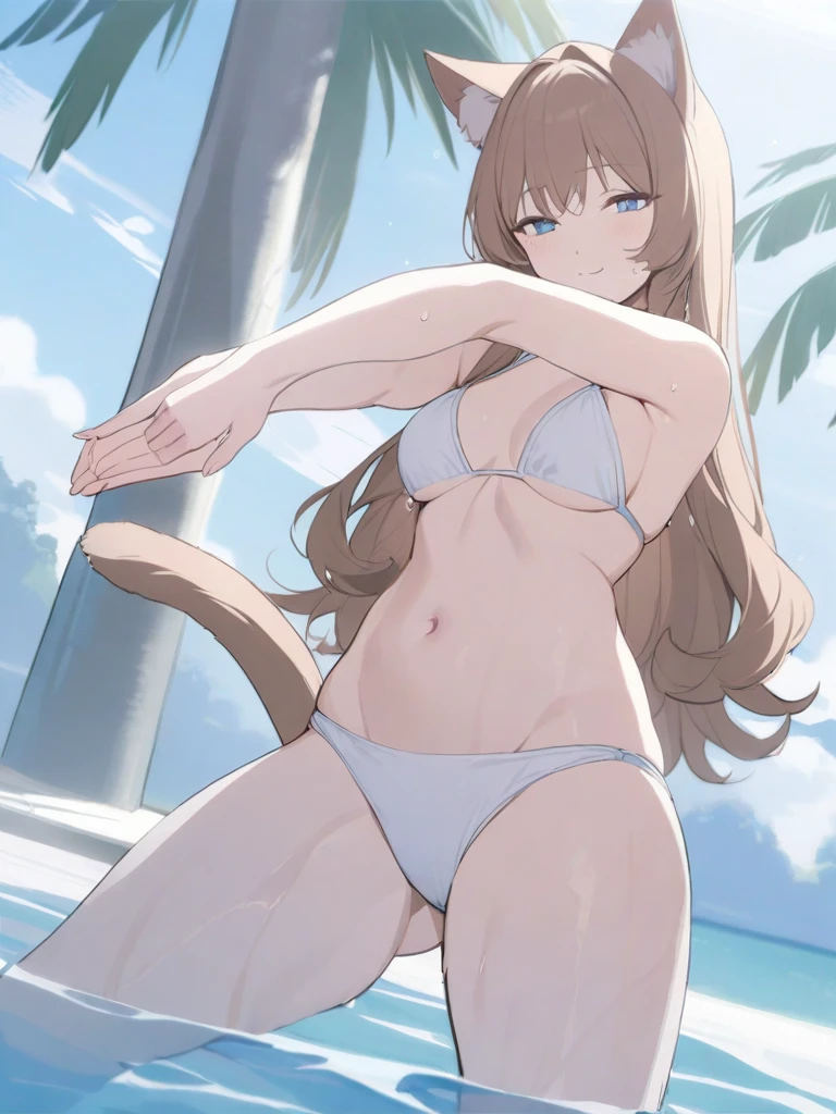masterpiece, best quality, high quality, beautiful anime character, solo, anime girl with brown hair, soft hair, long hair, blue eyes, cat ears, slightly big breasts, mature female, tall female, big girl, thick, (calming face, light smile, loving eyes), outdoors, (white bikini), cat tail, navel, legs, stretching, wet,