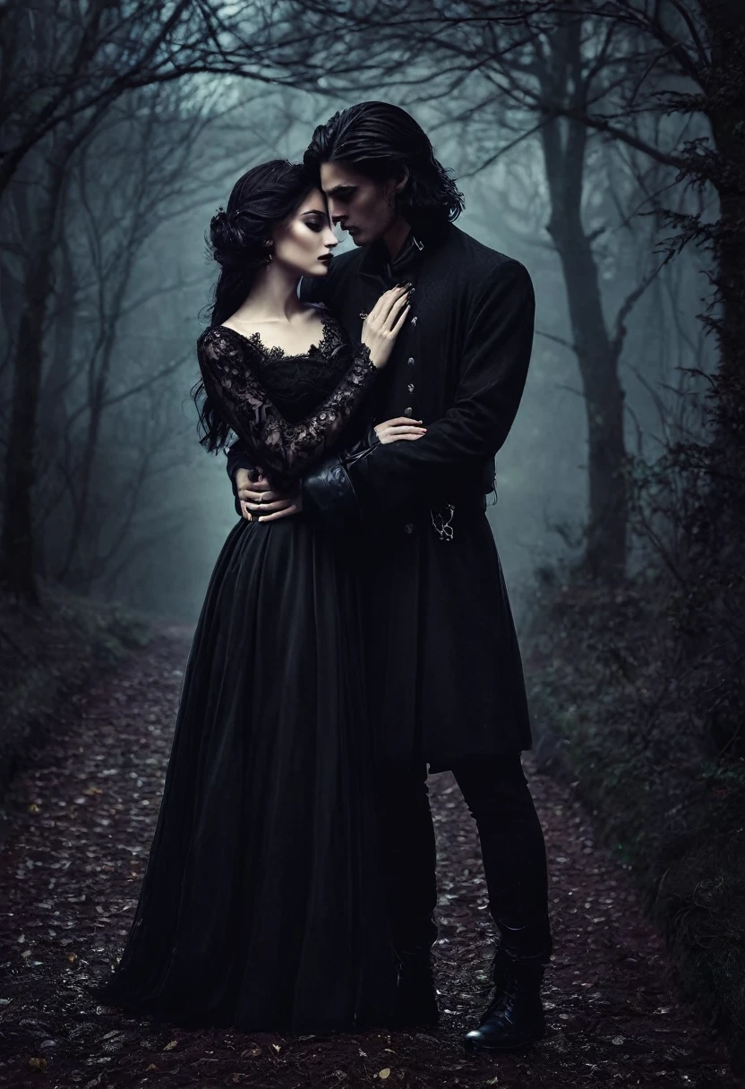 young black woman hugging a gothic vampire (both facing forward, showing their faces)