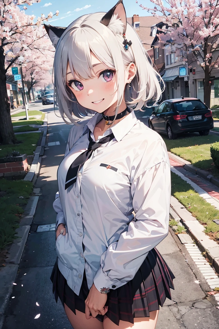 (((masterpiece))), (((Highest quality))), ((Very detailed)), ((Very detailedなイラスト)), ((Ultra-fine painting)), (16K Highest quality wallpaper:1.4), (Detailed and elaborate illustration style,:1.8) Detailed skin texture, High quality fabric, , (T-masterpiece), (Very detailedな顔:1.4), original, RAW Photos, Professional, Intricate details, Very detailed, Direct sunlight:1.6, ,(Cowboy Shot:1.9)、(Perfect ???????:1.4), (Extremely elaborate hands:1.2), (Very elaborate fingers:1.2), (Very elaborate fingers先:1.2),, (alone:1.6), (beautiful and adorable cat ears:1.6), (Intricate and delicate cat ears:1.4), (beautiful, Shiny white hair:1.6), (Very fine and delicate white hair:1.4),, (Very detailedな顔:1.4),(Light purple eyes:1.4),(smile:1.4),,  whole body,
One girl, bangs, black choker, black tie, Blonde, blue skirt, blush, bracelet, chest, choker, clothes The surrounding area waist, clavicle, collared shirt, Cowboy Shot, dress shirt, ear Earrings, Eyebrows visible through hair, Gradient Hair, Grin, Improve, jewelry, Kogal, Long Hair, View your viewers, loose tie, tie, Earrings, Plaid, Plaid skirt, pleated skirt, Red eyes, ring, , shirt, skirt, smile, alone, white shirt,
street, null, cherry blossoms, petal,figure, (magazine:1.3), (cover-style:1.3), fashionable, woman, Vibrant, Costume, Pause, front, colorful, dynamic, background,  element, have confidence, Performance, Holding, statement, accessories, Majestic, Coiled, The surrounding area, touch, scene, article, cover, bold, to attract attention, title, stylish, font, Catchy, Heading, big, impressive, Modern, trend, concentrated, fashion,