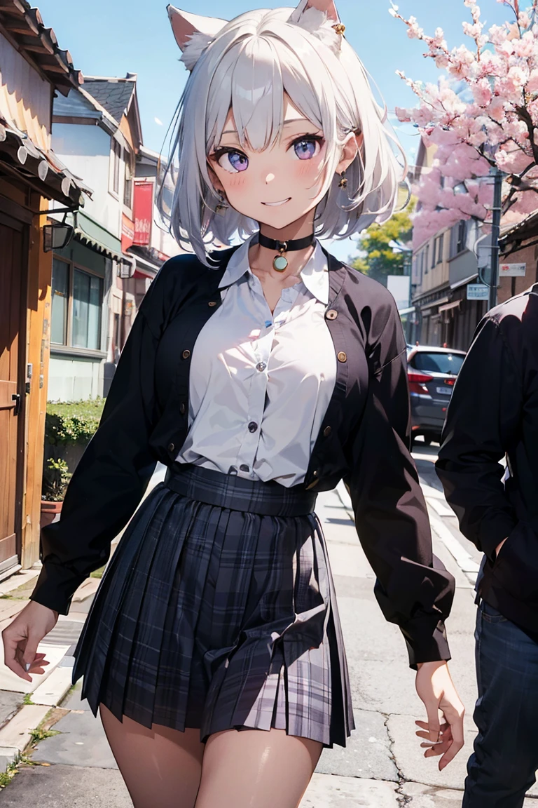 (((masterpiece))), (((Highest quality))), ((Very detailed)), ((Very detailedなイラスト)), ((Ultra-fine painting)), (16K Highest quality wallpaper:1.4), (Detailed and elaborate illustration style,:1.8) Detailed skin texture, High quality fabric, , (T-masterpiece), (Very detailedな顔:1.4), original, RAW Photos, Professional, Intricate details, Very detailed, Direct sunlight:1.6, ,(Cowboy Shot:1.9)、(Perfect Anatomy:1.4), (Extremely elaborate hands:1.2), (Very elaborate fingers:1.2), (Very elaborate fingers先:1.2),, (alone:1.6), (beautiful and adorable cat ears:1.6), (Intricate and delicate cat ears:1.4), (beautiful, Shiny white hair:1.6), (Very fine and delicate white hair:1.4),, (Very detailedな顔:1.4),(Light purple eyes:1.4),(smile:1.4),, whole body,
One girl, bangs, black choker, black tie, Blonde, blue skirt, blush, bracelet, chest, choker, clothes The surrounding area waist, clavicle, collared shirt, Cowboy Shot, dress shirt, ear Earrings, Eyebrows visible through hair, Gradient Hair, Grin, Improve, jewelry, Kogal, Long Hair, View your viewers, loose tie, tie, Earrings, Plaid, Plaid skirt, pleated skirt, Red eyes, ring, , shirt, skirt, smile, alone, white shirt,
street, null, cherry blossoms, petal,figure, (magazine:1.3), (cover-style:1.3), fashionable, woman, Vibrant, Costume, Pause, front, colorful, dynamic, background, element, have confidence, Performance, Holding, statement, accessories, Majestic, Coiled, The surrounding area, touch, scene, article, cover, bold, to attract attention, title, stylish, font, Catchy, Heading, big, impressive, Modern, trend, concentrated, fashion,