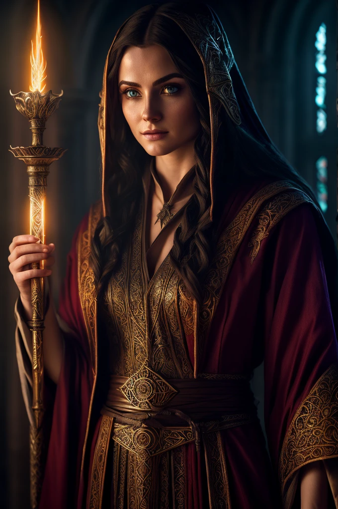 a high elf mage scholar, hybrid worshiper of julianos, detailed portrait, intricate robes, staff of ancient power, glowing arcane runes, dark mysterious library, intense magical aura, cinematic lighting, hyper realistic, 8k, photorealistic, award winning digital art