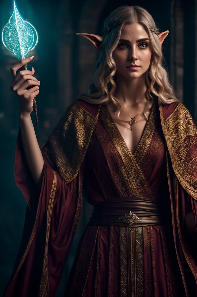 a high elf mage scholar, hybrid worshiper of julianos, detailed portrait, intricate robes, staff of ancient power, glowing arcane runes, dark mysterious library, intense magical aura, cinematic lighting, hyper realistic, 8k, photorealistic, award winning digital art