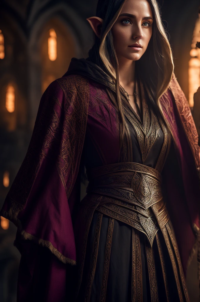 a high elf mage scholar, hybrid worshiper of julianos, detailed portrait, intricate robes, staff of ancient power, glowing arcane runes, dark mysterious library, intense magical aura, cinematic lighting, hyper realistic, 8k, photorealistic, award winning digital art