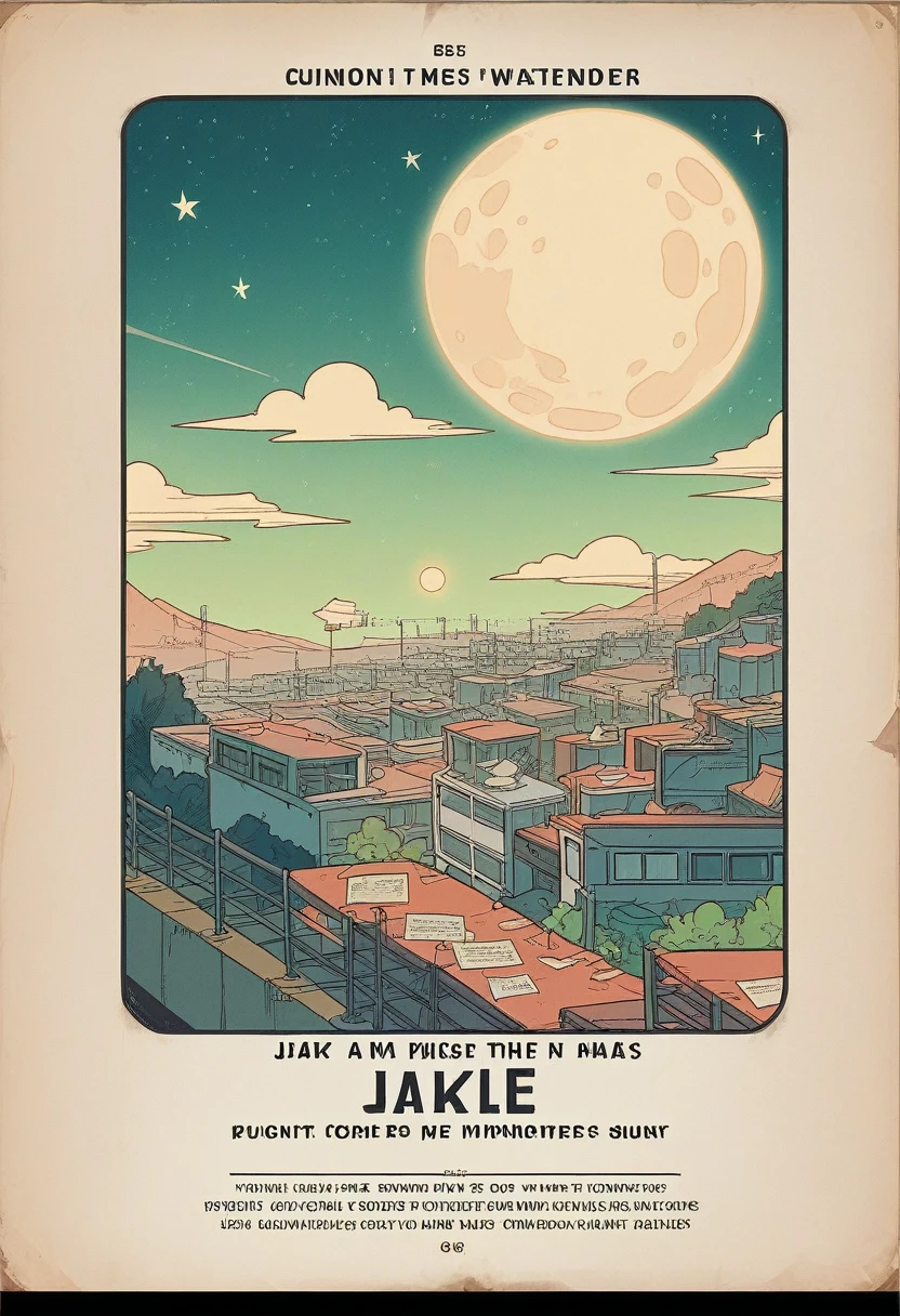 (masterpiece), (best quality), (best detail), (distant general point of view), (edges worn paper),(main color of illustration: jade green), (secondary color: cinnamon), a group of very beautiful schoolgirls with sexy posture, very detailed face, vintage advertising poster with futuristic style letters 60', western futuristic scenery, night (many stars, moon), shading (detailed, much contrast)