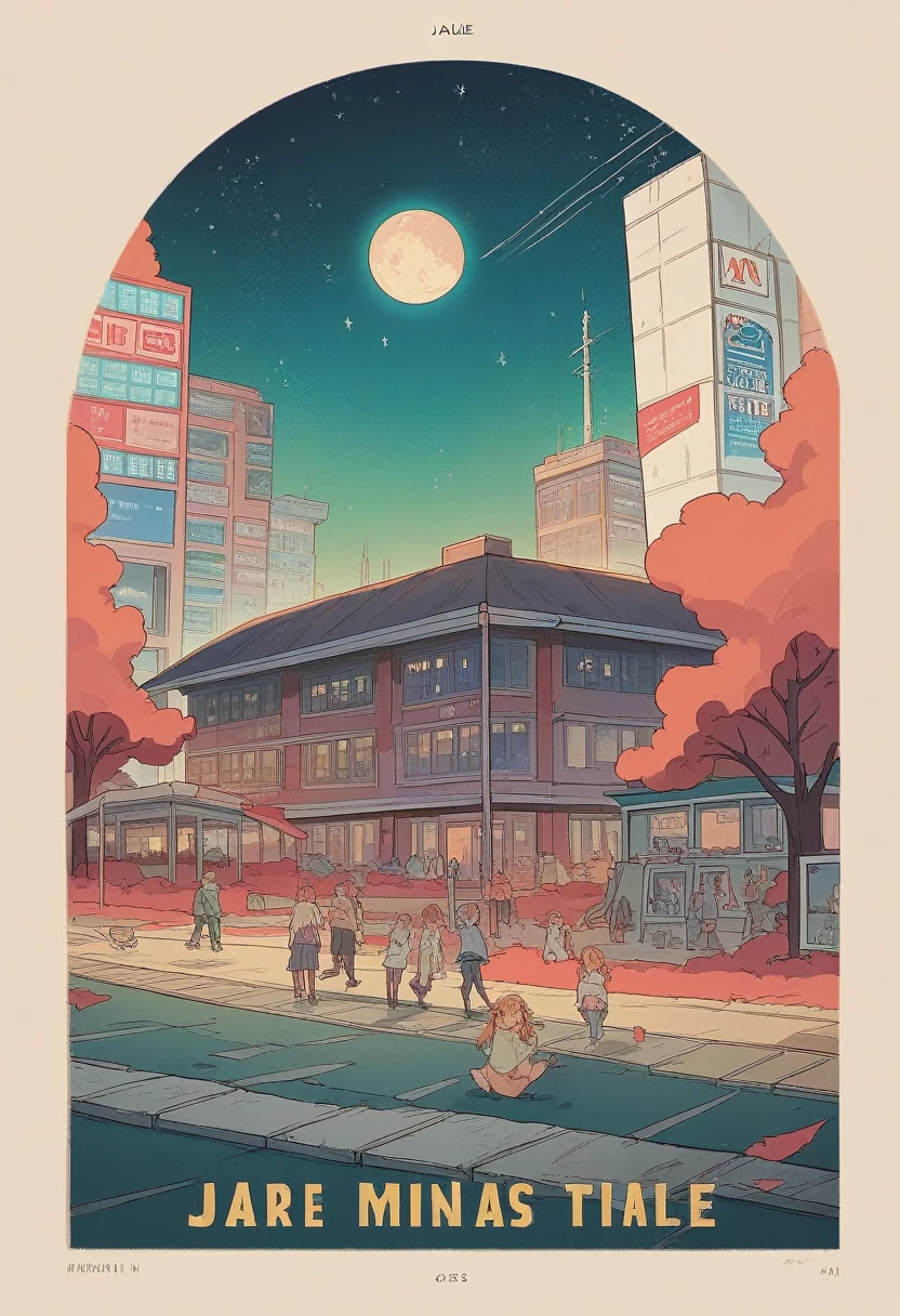 (masterpiece), (best quality), (best detail), (distant general point of view), (edges worn paper),(main color of illustration: jade green), (secondary color: cinnamon), a group of very beautiful schoolgirls with sexy posture, very detailed face, vintage advertising poster with futuristic style letters 60', western futuristic scenery, night (many stars, moon), shading (detailed, much contrast)