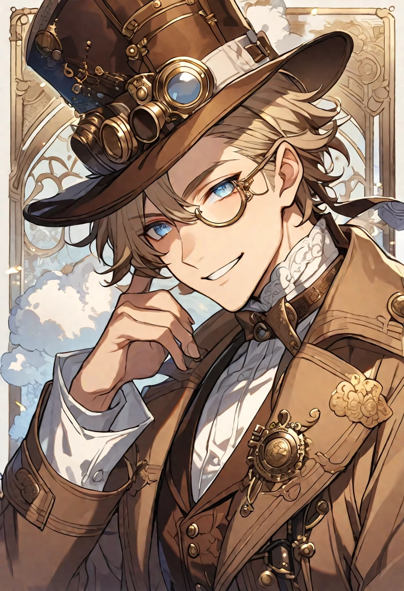 Solo, handsome, 1 male, 20s, light brown hair, light blue eyes, Victorian period, steam punk, white shirt, brown coat, monocle, smile facial, top hat