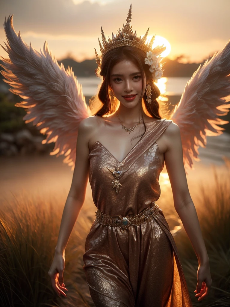 From a front-facing perspective, a woman in an edgy angel costume stands confidently on a cloud; the sunset crowns her with a heavenly halo. Her radiant smile and casually elegant stance substantiate the mystical ambiance. (solo), (angel costume: 1.5), (cloud: 1.3), (sunset: 1.4), (radiant smile: 1.2), (casual elegance: 1.3), (erotic adventure: 1.4), (fantasy world: 1.5).