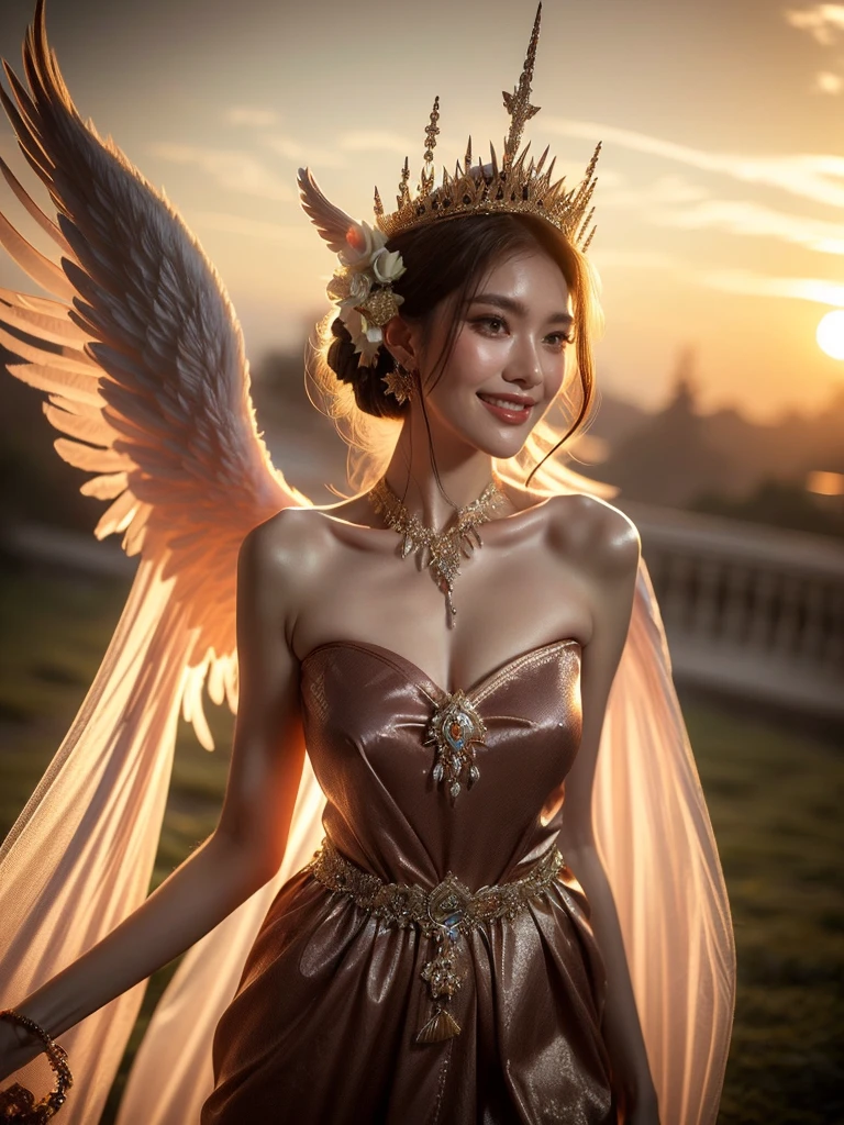 From a front-facing perspective, a woman in an edgy angel costume stands confidently on a cloud; the sunset crowns her with a heavenly halo. Her radiant smile and casually elegant stance substantiate the mystical ambiance. (solo), (angel costume: 1.5), (cloud: 1.3), (sunset: 1.4), (radiant smile: 1.2), (casual elegance: 1.3), (erotic adventure: 1.4), (fantasy world: 1.5).