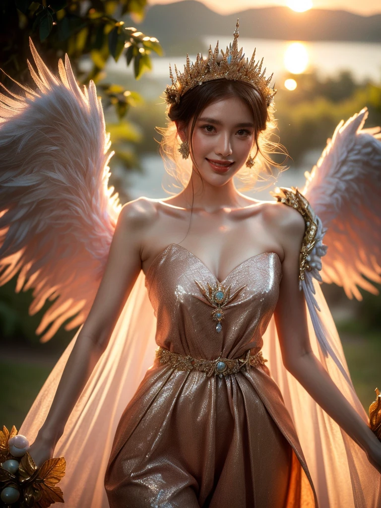 From a front-facing perspective, a woman in an edgy angel costume stands confidently on a cloud; the sunset crowns her with a heavenly halo. Her radiant smile and casually elegant stance substantiate the mystical ambiance. (solo), (angel costume: 1.5), (cloud: 1.3), (sunset: 1.4), (radiant smile: 1.2), (casual elegance: 1.3), (erotic adventure: 1.4), (fantasy world: 1.5).