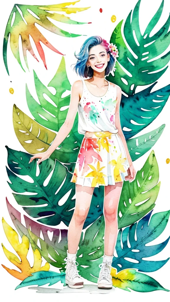 a tropical painting with a splatter background and spray paint effect, mangoes and leaves design t-shirt and white skirt, woman upper body centered, multi-color hair, big happy smile, watercolor art, watercolor painting, watercolor painting style, watercolor detailed art, watercolor digital painting, watercolor paint, masterfully detailed watercolor, watercolor art