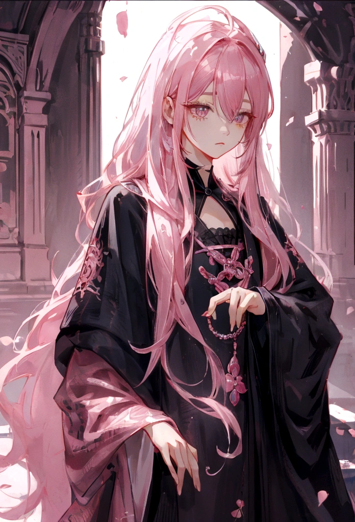 Pink hair, spot under the right eye, long hair, black clothes