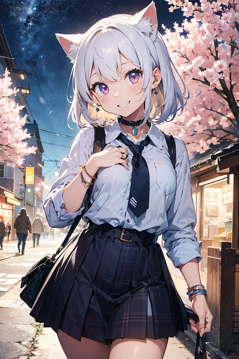 (((masterpiece))), (((Highest quality))), ((Very detailed)), ((Very detailedなイラスト)), ((Ultra-fine painting)), (16K Highest quality wallpaper:1.4), (Detailed and elaborate illustration style,:1.8) Detailed skin texture, High quality fabric, , (T-masterpiece), (Very detailedな顔:1.4), original, RAW Photos, Professional, Intricate details, Very detailed, Direct sunlight:1.6, ,(Cowboy Shot:1.9)、(Perfect Anatomy:1.4), (Extremely elaborate hands:1.2), (Very elaborate fingers:1.2), (Very elaborate fingers先:1.2),, (alone:1.6), (beautiful and adorable cat ears:1.6), (Intricate and delicate cat ears:1.4), (beautiful, Shiny white hair:1.6), (Very fine and delicate white hair:1.4),, (Very detailedな顔:1.4),(Light purple eyes:1.4),(smile:1.4),,  whole body,
One girl, bangs, black choker, black tie, Blonde, blue skirt, blush, bracelet, chest, choker, clothes The surrounding area waist, clavicle, collared shirt, Cowboy Shot, dress shirt, ear Earrings, Eyebrows visible through hair, Gradient Hair, Grin, Improve, jewelry, Kogal, Long Hair, View your viewers, loose tie, tie, Earrings, Plaid, Plaid skirt, pleated skirt, Red eyes, ring, , shirt, skirt, smile, alone, white shirt,
street, null, cherry blossoms, petal,figure, (magazine:1.3), (cover-style:1.3), fashionable, woman, Vibrant, Costume, Pause, front, colorful, dynamic, background,  element, have confidence, Performance, Holding, statement, accessories, Majestic, Coiled, The surrounding area, touch, scene, article, cover, bold, to attract attention, title, stylish, font, Catchy, Heading, big, impressive, Modern, trend, concentrated, fashion,